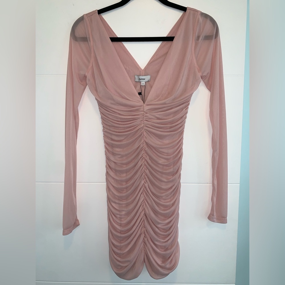 Auteur Studio Camille Mesh Pink Rouched Long Sleeve Mini Dress Small New w Tags